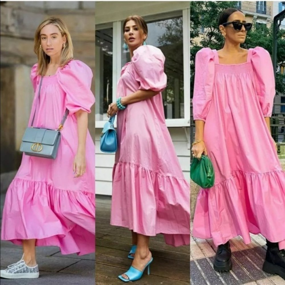 H&M Pink Puff Sleeve Voluminous Midi Dress XS Blogger Favorite NEW - Picture 3 of 14